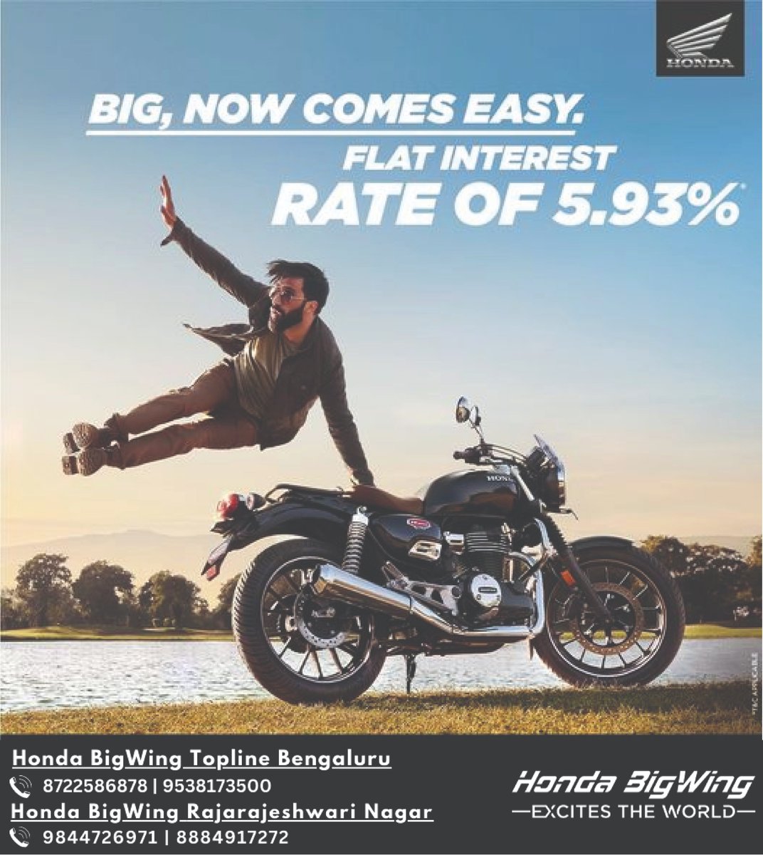 Flaunting your effortless riding style on open roads made easy with a special finance offer on #HnessCB350.
Get a flat interest rate of 5.93% on your favourite H’ness CB350. Head to your nearest #HondaBigWing showroom to know more.