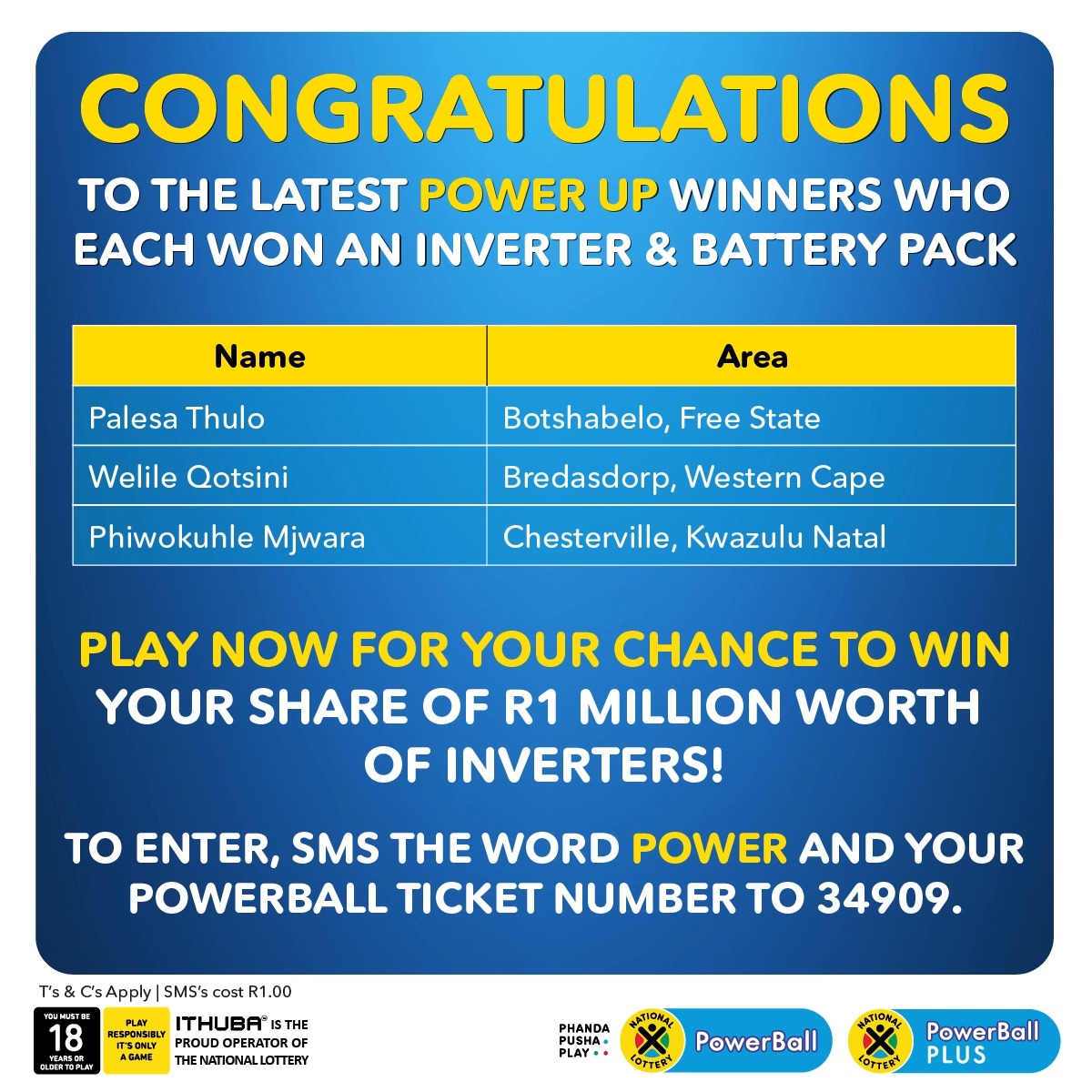 Congratulations to the 3 latest #PowerUp winners who each won an inverter & battery pack. PLAY NOW & you could also win your share of R1 MILLION worth of inverters. To enter, SMS the word POWER and your PowerBall ticket number to 34909. #PhandaPushaPlay https://t.co/IO9oB7yA7E