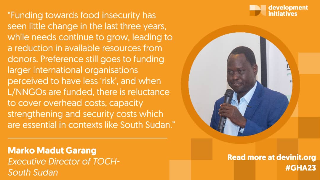 The GHA2023 report is being launched. In the report, #Toch has called upon donors to increase their funding toward food security, Nutrition &amp; Agri in S.Sudan. 
Thank you DI &amp; CTP for valuable support to publish TOCH's story in GHA 2023 report.
#GHA 
#DI
#CTP 
#SSOT