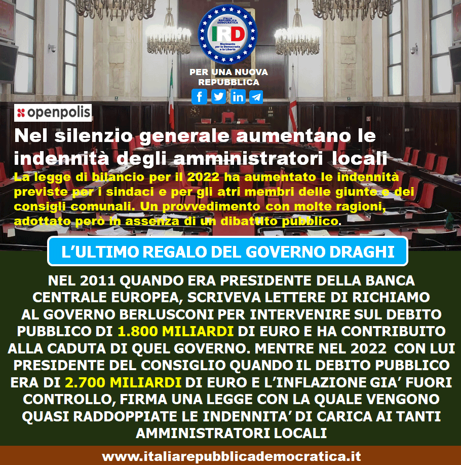 In Italia siamo da anni di fronte ad uno strano fenomeno. Le indennità di carica dei rappresentanti istituzionali crescono inversamente proporzionale alla qualità della politica. Cioè più aumentano le indennità e di riflesso si riduce la qualità e la competenza dei politici.