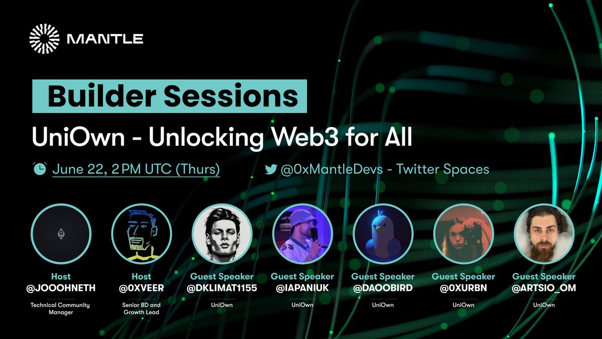 0xMantleDevs's tweet image. Let&apos;s dive back into Builder Sessions this week with an award-winning team from @hackonchain!

@dklimat1155, @iapaniuk, @daoobird, @0xUrbn, @artsio_om built @UniOwnProtocol to empowering GameFi and NFT trading.

Join us to learn more about their journey!

🗓 June 22, 2PM UTC