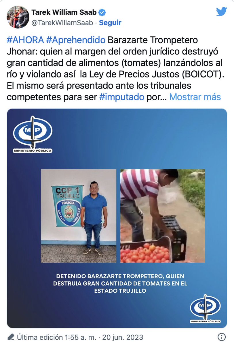 El fiscal impuesto por la extinta anc detuvo a otro productor agrícola awsbitlynews.com/nacionales/ult…

Jhonar Barazarte, productor de Trujillo, botó su cosecha de tomate a un río porque no tenía combustible para transportarla. TWS repite el delito de boicot.

#NoEstáBien
#NoEsNormal