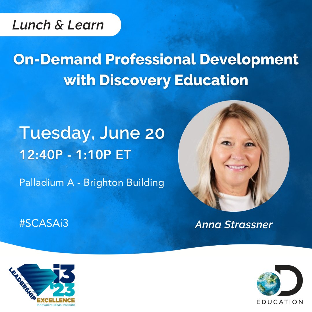 FREE #OnDemand Professional Development?  Yes, please!

Join @annastrassner and me at 12:40 at The Palladium Room and learn more!

#SCASAi3 #BetterTogether @DiscoveryEd #loveSCschools #sced