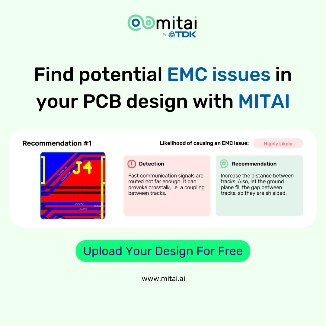 denpaflux's tweet image. Mitai does more than just find EMC problems, Mitai also recommends solutions to the EMC problems in your PCB designs. Meet the easy solution to pass the EMC testing the first time!

#EMCproblems #AI #mitai