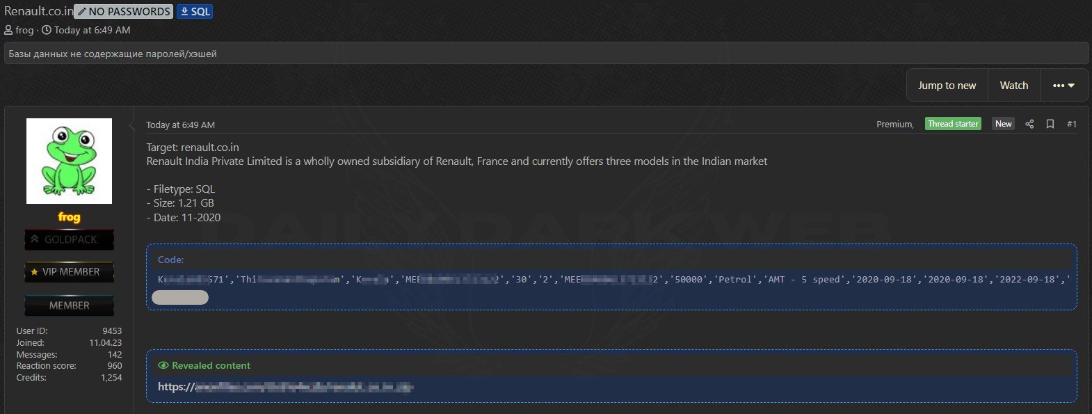 Daily Dark Web on X: #India 🇮🇳 - Database of Renault India has allegedly  been leaked Threat actor claims to have leaked 1.21 GB of data. #DarkWeb   / X