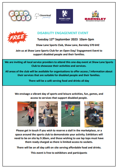 shawlanesports's tweet photo. Do you offer a service or project for #disabledpeople in #Barnsley? This is your chance to promote what you do! Looking for exhibitors and session/ activity providers for our #Engagementevent . Contact f.hall@shawlanesports.com to register https://t.co/xUfk3Km87K