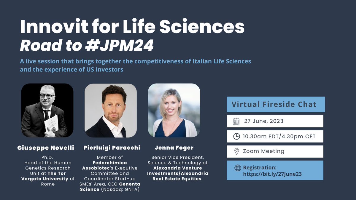 GenentaScience's tweet image. Join us for a live session that brings together the competitiveness of Italian Life Sciences and the experience of US Investors.

Innovit for Life Sciences &amp;gt; Road to #JPM24

On Tuesday 27th June 2023 10.30am EDT - 4.30pm CET
@GenentaScience @AssobiotecF