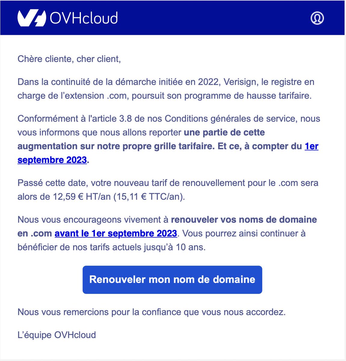 TopWebCh's tweet image. Si vous avez beaucoup de domaine .com chez #OVH pensez à renouveler avant le 1er septembre 😉