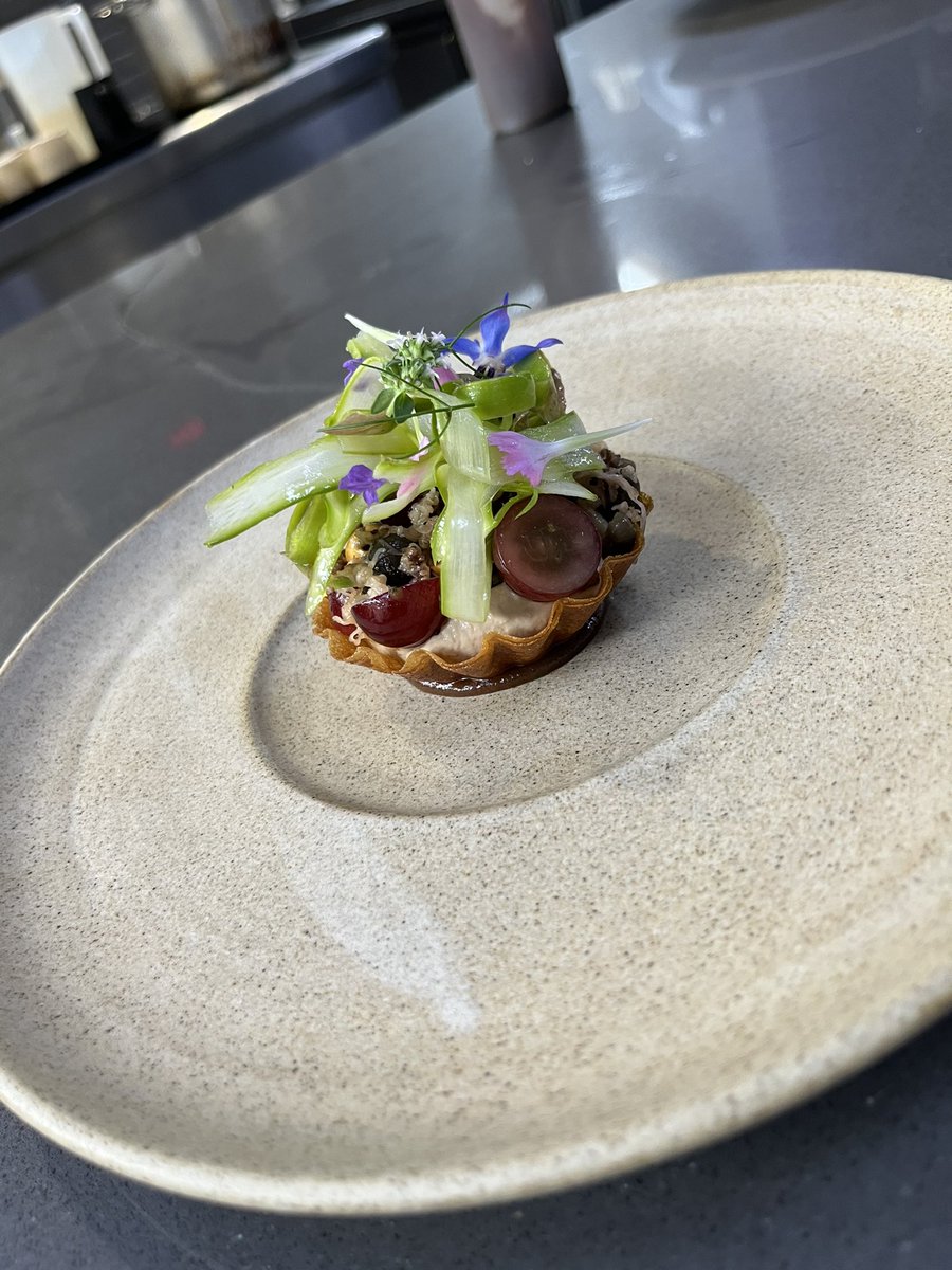 Chicken liver parfait tart 

Hitting the a al Carte this week 

Trial and tested on Father’s Day 

Parfait | sanbaizu | grapes | asparagus | truffle