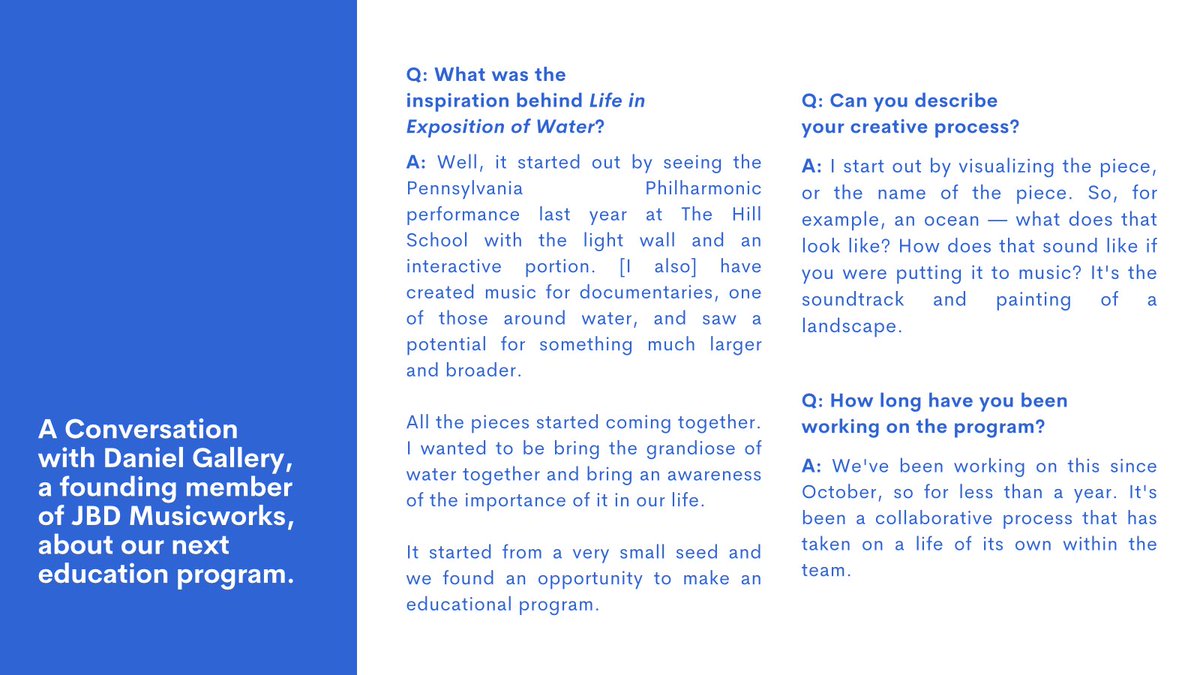 paphilharmonic's tweet photo. We recently sat down with Dan Gallery of JBD Musicworks to discuss their creation of "Life in Exposition of Water."

Check out this Q&amp;A to learn more about our next music and wellness education program. https://t.co/4G834Mun4x