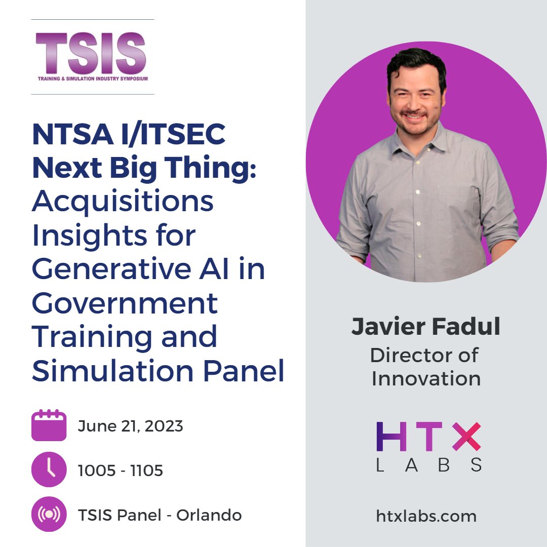 htxlabs's tweet photo. Attending TSIS this week?
Don't miss @iitsec's Next Big Thing Panel “Acquisition Insights for Generative #AI in Government Training and Simulation” during #TSIS!
#HTXLabs #EMPACT #EMPACTInAction #AI #NextBigThing #innovate #Collaborate #Accelerate #NTSA #simulationtraining https://t.co/khJ0hSLe13