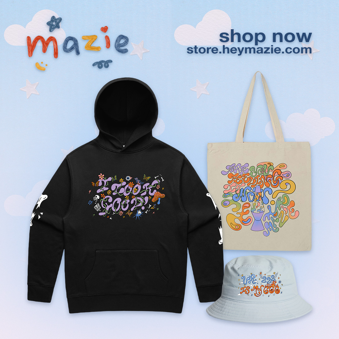 it was sooo great seeing so many of you on tour! i just added a few leftover hats and totes plus a brand new hoodie to my merch store!!! look how cute they are!!! all available on my online store right now 💕💕 store.heymazie.com