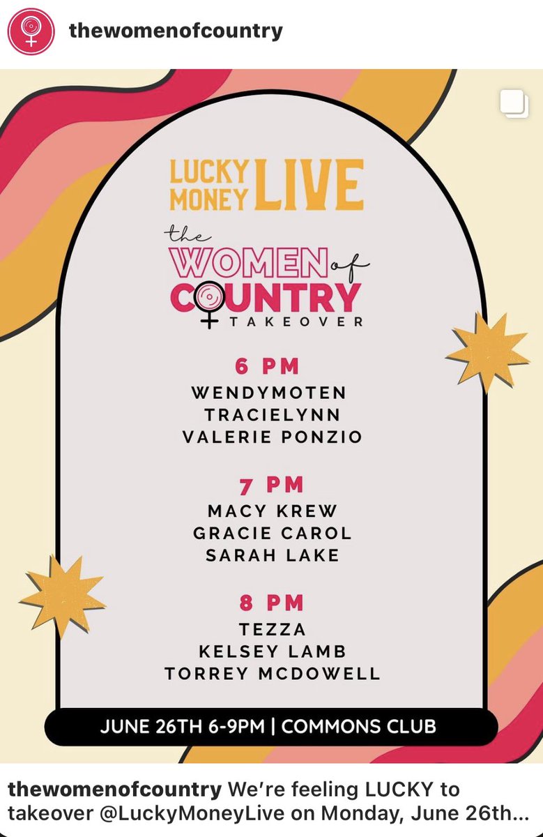 The Women of Country (@thewomencountry) on Twitter photo We’re feeling LUCKY to takeover Lucky Money Live on Monday, June 26th at the <a href="/virginhotelsnsh/">Virgin Hotels Nashville</a>! Free show, come join us 💛🍀 We’re feeling LUCKY to takeover Lucky Money Live on Monday, June 26th at the <a href="/virginhotelsnsh/">Virgin Hotels Nashville</a>! Free show, come join us 💛🍀