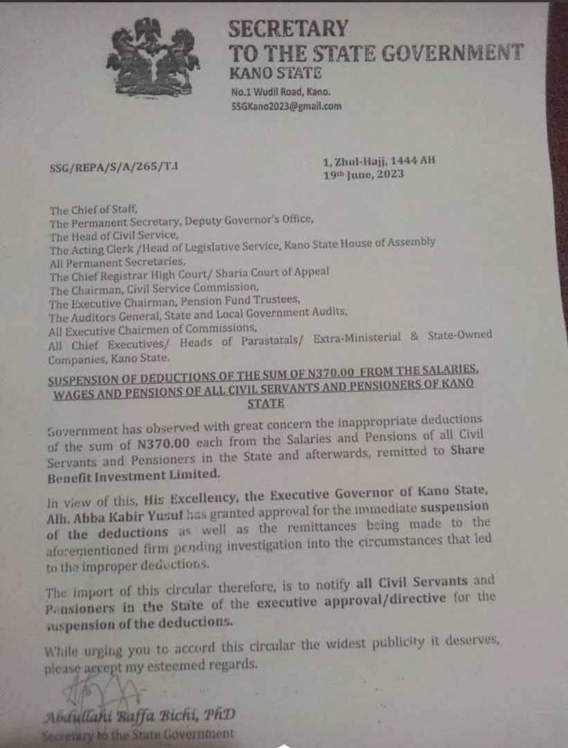 Another Scandal unfolded!

The KNSG under the able leadership of Gov. Abba Kabir has suspended the inappropriate deduction of N370.00 from the Salaries, Wages and Pensions of all Civil Servants & Pensioners of the State, allegedly remitted to SBI Limited by the Ganduje-led admin.