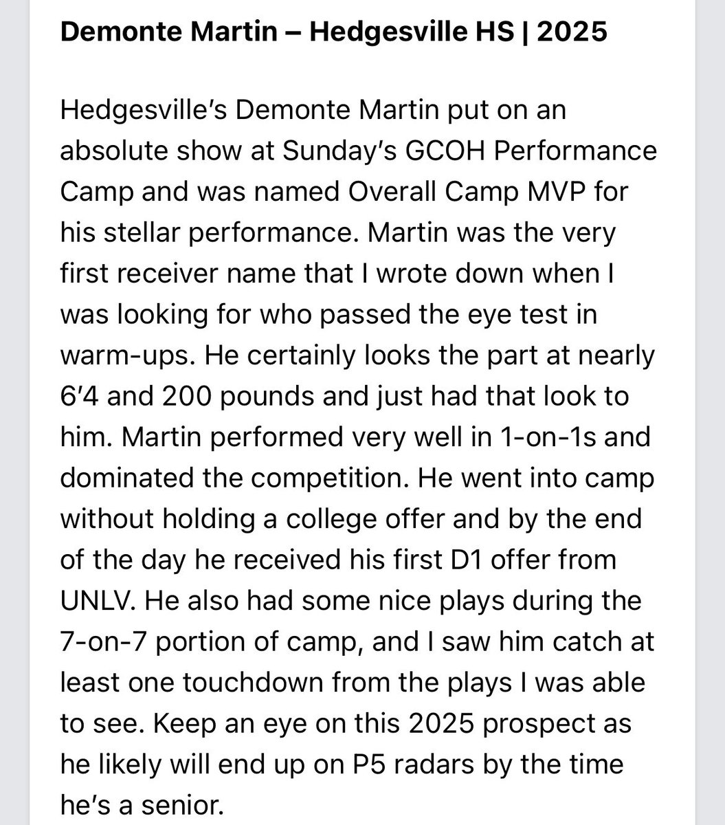Demonte1M's tweet image. Thank you @PrepRedzoneWV for the write up! I had fun at camp and learned a lot. Thankful to have won camp MVP and can’t wait for next year. Going to keep proving myself💯 #juniorseasonloading @coachgcohagan 
@WRU_CoachMilez 
@HedgesvilleF 
@MatthewFairclo4 
@BlueChipsWV
