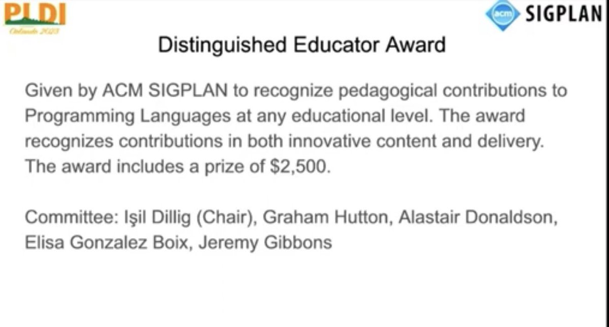 Congratulations to Kathi Fisler and Shriram Krishnamurthi for the SIGPLAN Distinguished Educator Award 2023.
<a href="/KathiFisler/">Kathi Fisler</a> <a href="/ShriramKMurthi/">Shriram Krishnamurthi (primary: Bluesky)</a>