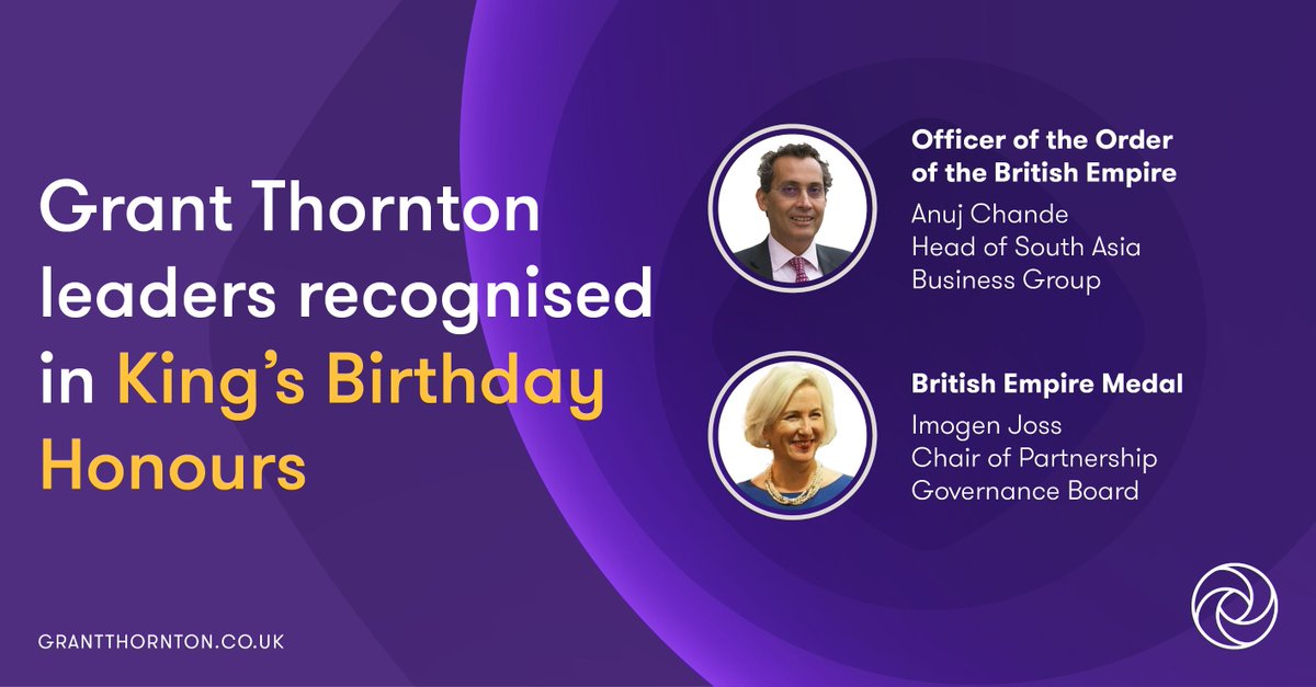 GrantThorntonUK's tweet image. Congratulations to Anuj Chande and Imogen Joss for being on the King’s #BDHonours23 list. Anuj was awarded an OBE for exceptional services to international trade and investment. Imogen was awarded a BEM for services to her local community. Read more: okt.to/UFD31A