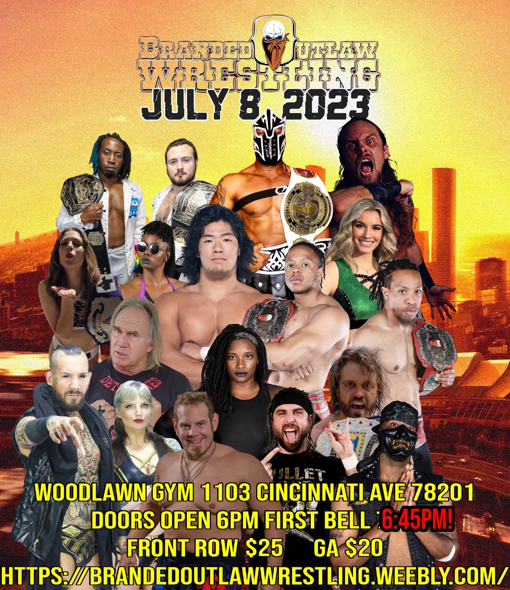 July 8 Chase Owens, Barrett Brown, Yuya Uemura, FlyDef, City Bois, Savage King, Boss Baines, Reiza Clarke, Mark Von Erich, Mystii Marks, LadyBird Monroe, and many more! Tickets available at: brandedoutlawwrestling.weebly.com #prowrestling #brandedoutlawwrestling #indywrestling