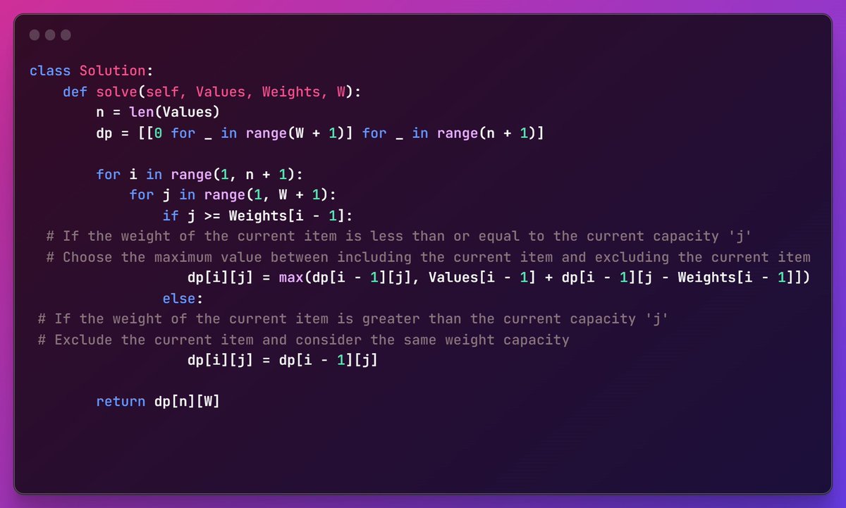 abby_bytes's tweet image. 🧵 Daily Coding Challenge (Part-2)

📝 I bring you an optimized solution to the #KnapsackProblem. Previously, I shared a recursive approach. Now, let&apos;s dive into a non-recursive solution using dynamic programming. Get ready to witness improved efficiency! 💡
#100daysofcode