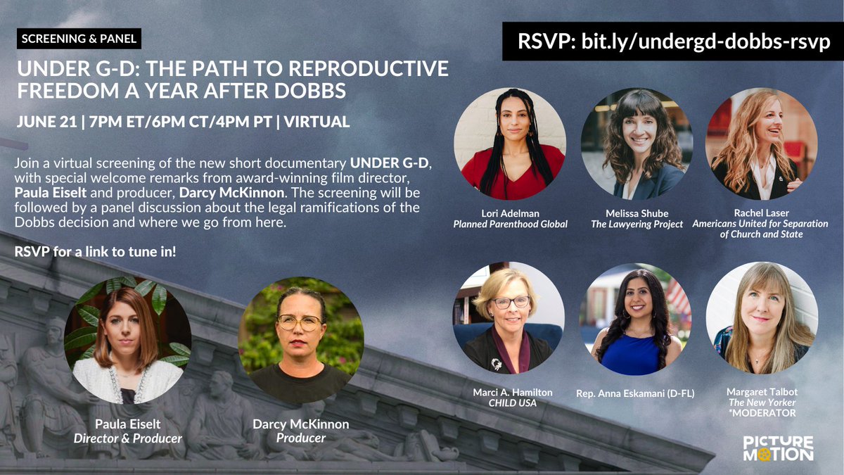 TOMORROW! 📢 'Under G-d' follows legal challenges to #Dobbs rooted in religious freedom. Join us for a virtual screening & panel conversation on the legal landscape + future of reproductive rights. 🗓️June 21st @ 7PM RSVP: bit.ly/undergd-dobbs-… @PaulaEiselt @darcytomeetyou
