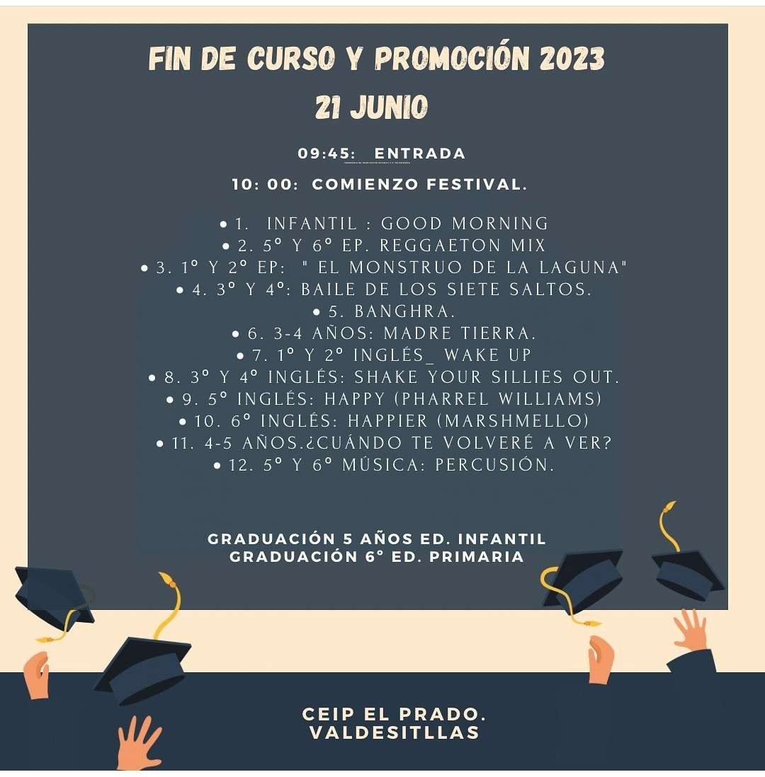 Mañana CEIP EL PRADO celebra su fiesta de  fin de curso y graduación a partir de las 9.45 en el polideportivo, estáis TODOS invitados a este bonito día <a href="/culturayturism9/">Valdestillas Concejalia Turismo y Juventud</a> <a href="/educacyl/">Educación JCyL</a>