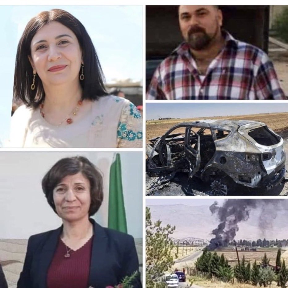 The  co-chair of the Qamishlo Council, Yousra Darwish, her deputy Lyman Shweish, and their driver, Furat Toma, were killed, and the co-chair of the council, Kabi Shimon, was injured in a bombing by a Turkish drone attack today . Stop destabilizing our region .
