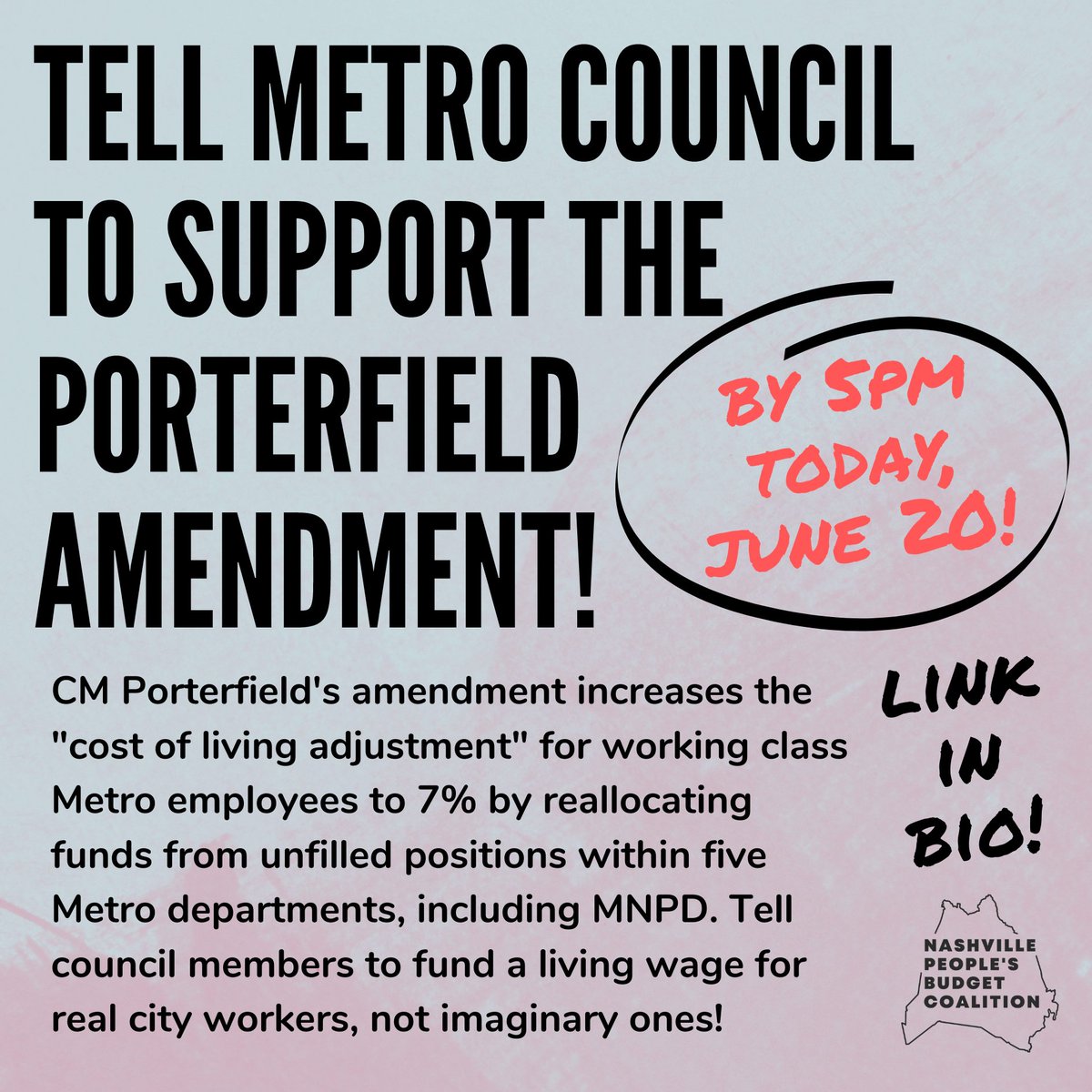 nashpplsbudget's tweet photo. Take 1 min to tell Metro Council Members to support @DelishiaForNash amendment that raises the cost of living adjustment for working class Metro employees from 6% to 7% by reallocating funds from unfilled positions within five Metro departments, including MNPD! All links in bio! https://t.co/Wl0iqrrU7r