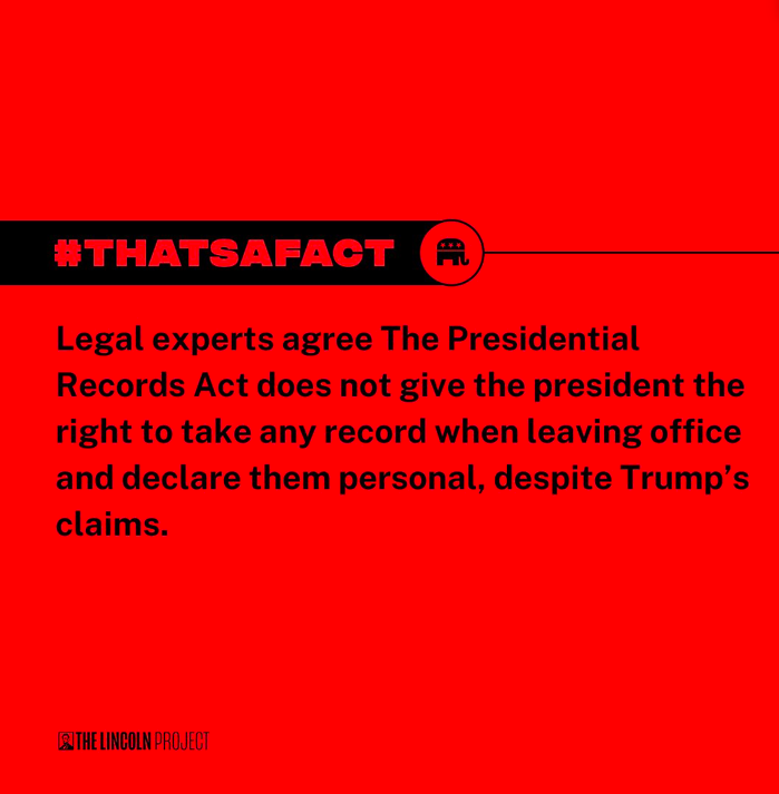 ProjectLincoln's tweet photo. Regardless of what MAGA says, Trump had no right to take classified documents into his possession as his own property. #ThatsAFact https://t.co/Azo3gQdKLC