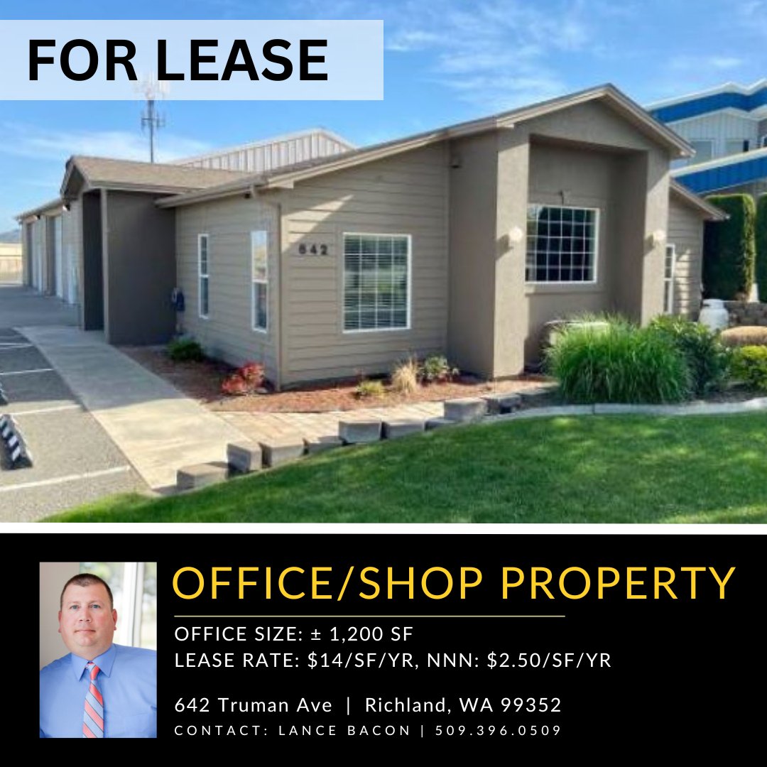 FOR LEASE - Great South Richland Location
Office/Shop Property
642 Truman Ave, Richland WA

Flyer Link: ow.ly/M8cC50OSj8i

#kiemlehagood #lancebacon #kennewickwa #officespace #industrialspace #forlease