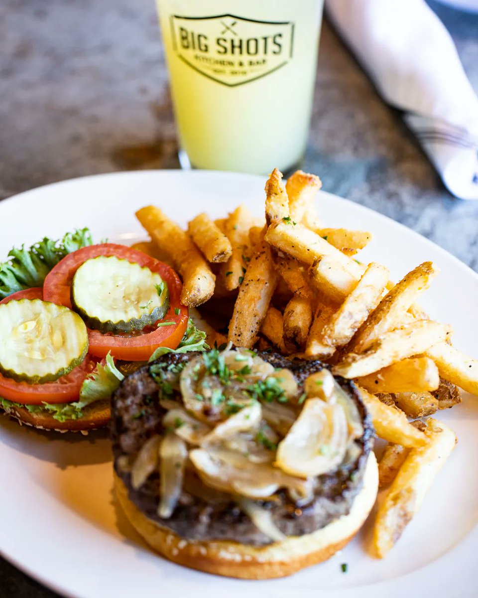 Make it Your OWN... Go ahead... Add:Avocado, Pineapple, Fried Egg, Bacon, Cheese. 

Big Shots Burger. 8oz Chargrilled Black Angus ground brisket and short rib patty, sesame brioche bun, lettuce, tomato, pickles, and caramelized onions and a side of fries. #peachtreecity