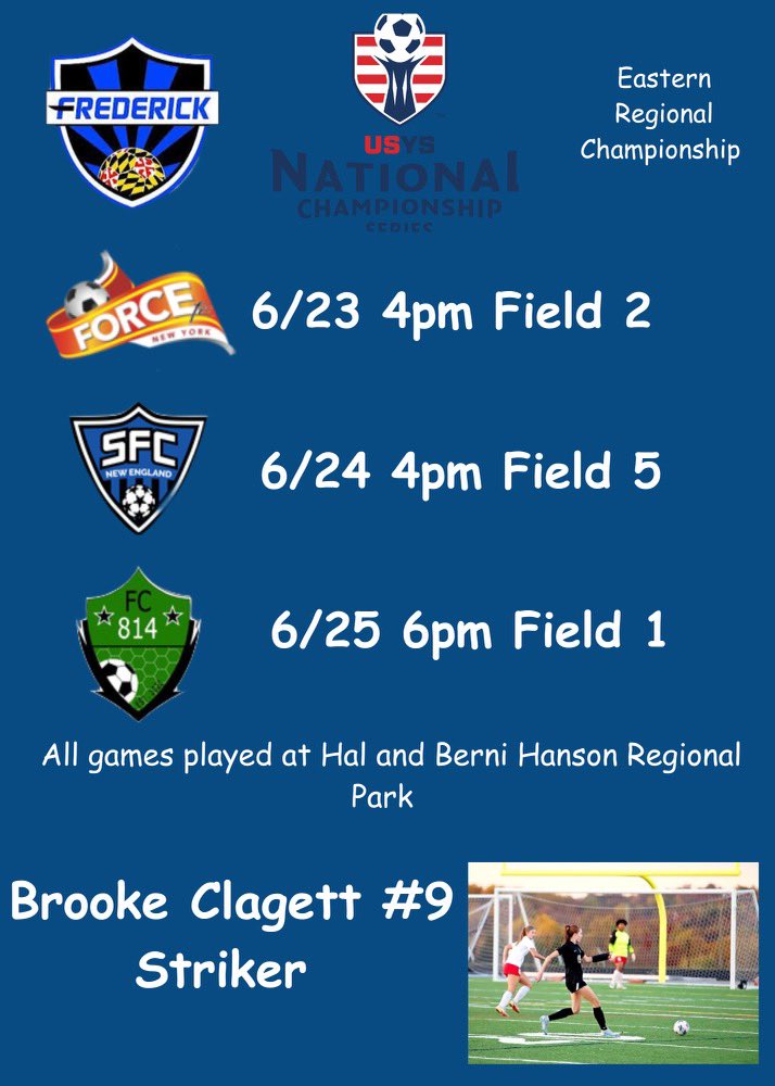 Come watch @FCFrederick 08 play in the Eastern Regional Championships!  #FORitALL #ROADtoFL #USYS #WeAreYouthSoccer
