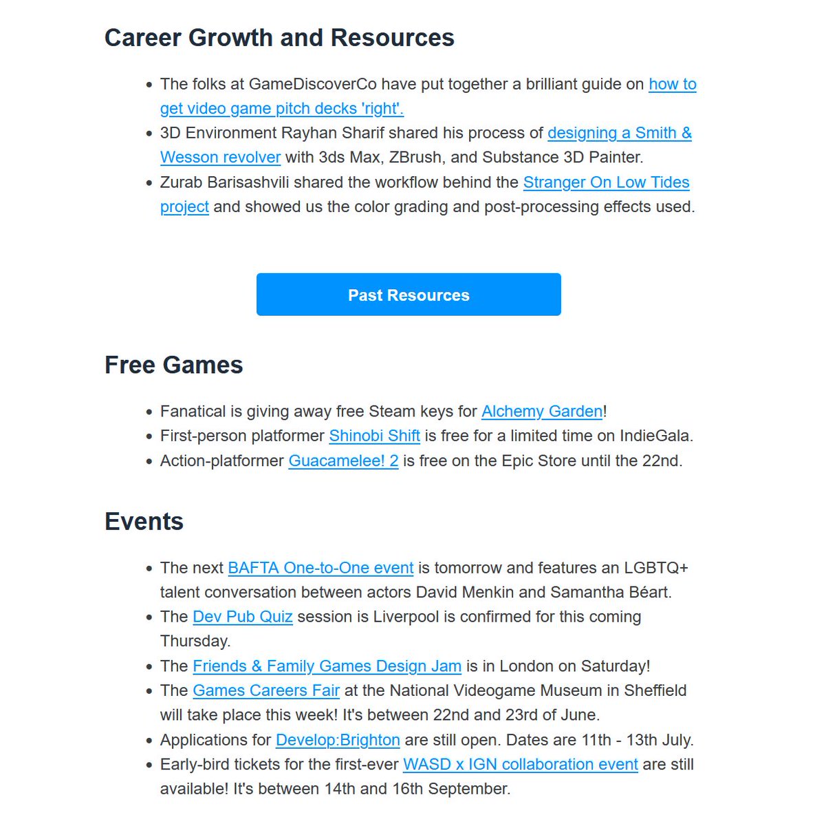 I want to spread the word on the great work @a_mascellino doing with #gamesjoblive weekly newsletters. It lists relevant AND current events, reminders for applications, free games, jobs and all! This and axios game news are the best ones for the industry imo