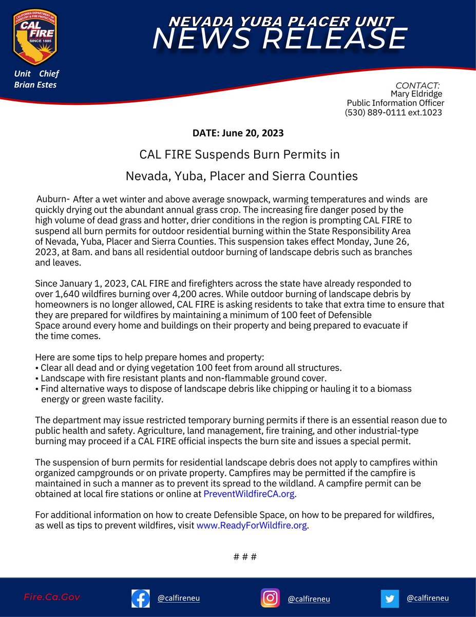 CAL FIRE will be suspending all burn permits in the area of Yuba, Nevada, Placer and  Sierra Counties as of Monday, June 26, 2023 at 8AM due to increasing fire danger. This burn suspension bans all outdoor residential burning. #nevadacounty #burnsuspension #firesafety