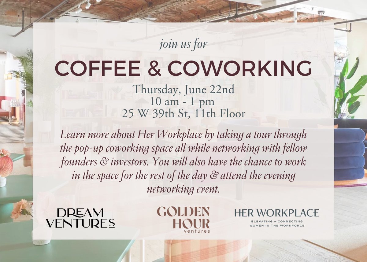 Marilynn Elise Joyner (@marilynnejoyner) on Twitter photo Calling all female founders & investors in NYC ✨ <a href="/HerWorkplace/">Her Workplace</a> has partnered with <a href="/DreamVenturesRX/">DreamVentures</a> & Golden Hour Ventures to host a networking event this Thursday 10 am – 1 pm. We’re also bringing in <a href="/VICTORIAeSONG/">Victoria Song</a> for career coaching. Sign-up here - lu.ma/ugpl2cdm Calling all female founders & investors in NYC ✨ <a href="/HerWorkplace/">Her Workplace</a> has partnered with <a href="/DreamVenturesRX/">DreamVentures</a> & Golden Hour Ventures to host a networking event this Thursday 10 am – 1 pm. We’re also bringing in <a href="/VICTORIAeSONG/">Victoria Song</a> for career coaching. Sign-up here - lu.ma/ugpl2cdm