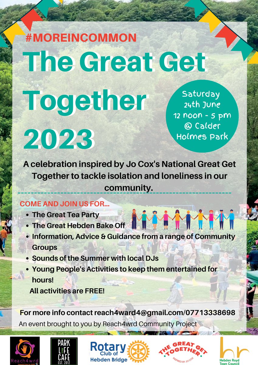 The Great Get Together - Saturday 24th June at Calder Holmes Park 12- 5pm.
A fabulous community event to tackle isolation and loneliness. 💚
#MoreInCommon #visitcalderdale