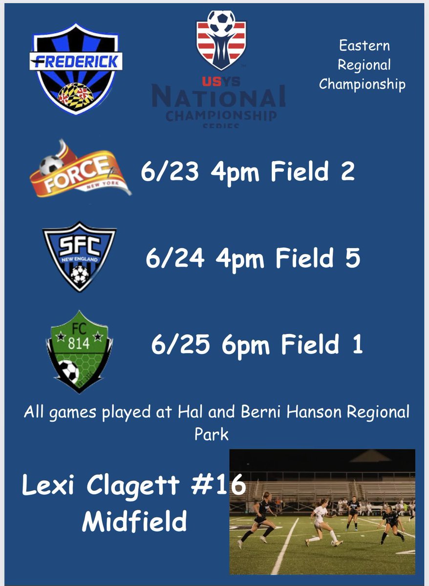 Come watch @FCFrederick 08 play in the Eastern Regional Championships! #FORitALL #ROADtoFL #USYS #WeAreYouthSoccer
