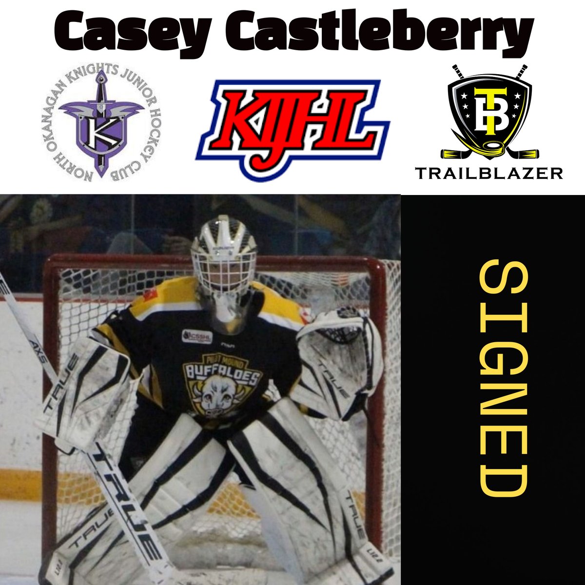 SIGNING ALERT:
Congrats to 2005 G CASEY CASTLBERRY on signing an LOI with @NOKnights  @KIJHL  for 2023-24! Casey is an alumni of @pmbuffaloes  @CSSHL  & @SaskatoonMHA & is portected by the @mjhlhockey  @OilCapsHockey.
#TrailBlazer