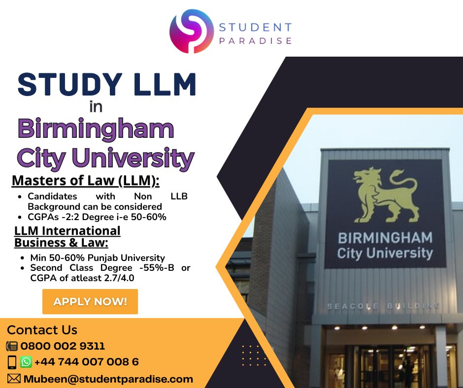 StudenParadise's tweet image. Ready to specialize in law and elevate your legal career? Look no further than Birmingham University's renowned LLM programs! Our dedicated team will guide you through the application process, ensuring a seamless transition to your desired LLM program.
#StudyAbroad #LLMPrograms