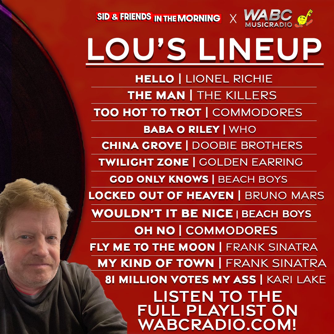 And now, it's time for Lou's Lineup!

LISTEN TO THE FULL #TUESDAY PLAYLIST HERE: wabcradio.com/2023/06/20/lou…