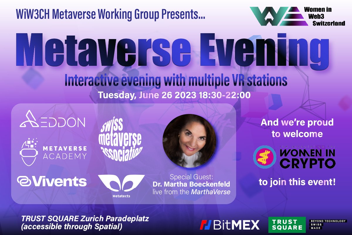 👫 Join @wiw3ch and @AWICglobal on Monday June 26th @Trust_Square in #Zurich for our first ever Metaverse Meetup featuring 
@AeddonMetaverse 
Vivents
@metatects
@Metaverse_ACAD
@SwissMetaverse
& the MarthaVerse!!

All welcome!! 👉 RSVP: lnkd.in/dhWZeJgW