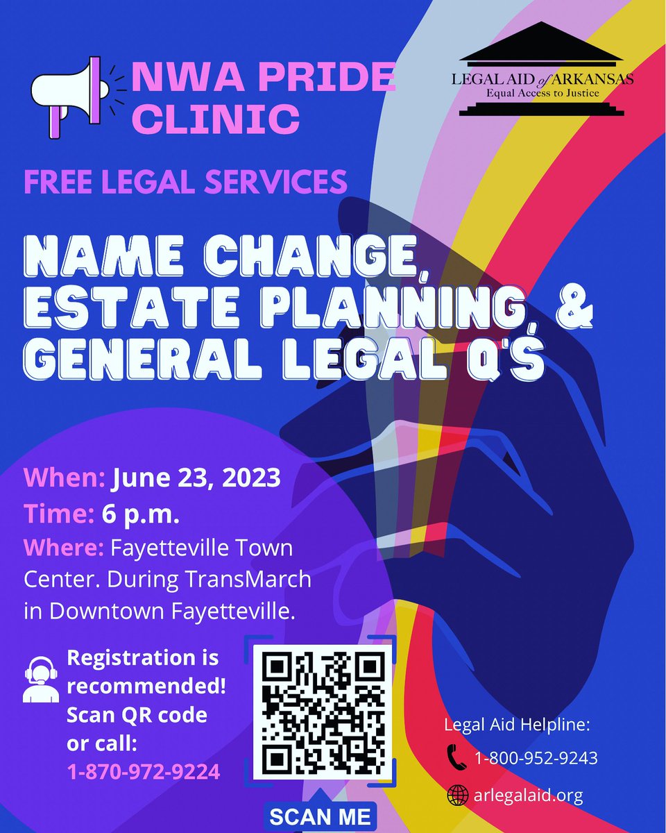 Legal Aid of Arkansas will be available to help you change your name, get your estate planning in order, and answer any Legal questions you have on JUNE 23rd at 6 pm at the Fayetteville Town Center during TransMarch! 

#pride🌈 #namechange #estateplanning #legalaidofarkansas