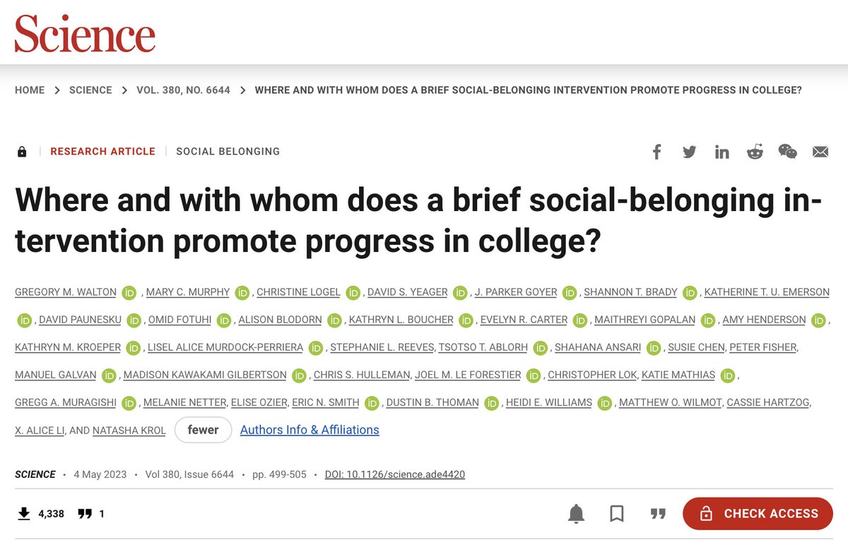 In @ScienceMagazine, #BCFGTeamScientists Gregory Walton, @mcmpsych, David Yeager, and their collaborators found that a brief social-belonging activity reduced the rate at which first-year students dropped out of college: bit.ly/43exezC