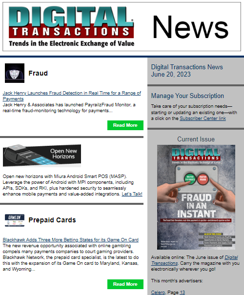 DTPaymentNews's tweet image. Today’s Digital Transactions News: Jack Henry Sets Payrailz Fraud Monitor in Motion; Game On in Three More States; KKR in PayPal BNPL Buy up
buff.ly/3qWugBU
#payments #fraudmonitroing #realtimefrauddetection #onlinegambling #sportsbetting #BNPL #financedeal