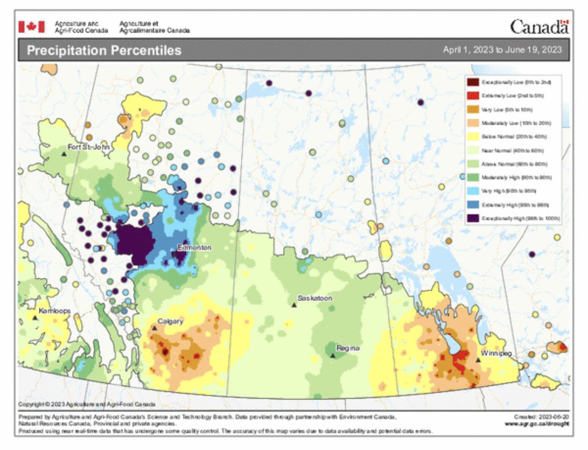 What is the current situation in #Alberta and #westernCanada? Maps updated as of yesterday and there has been some additional precipitation in the last 48 hours. Lots of crops, pasture and forages in very rough shape. Some flooding now around Edson and surrounding areas.