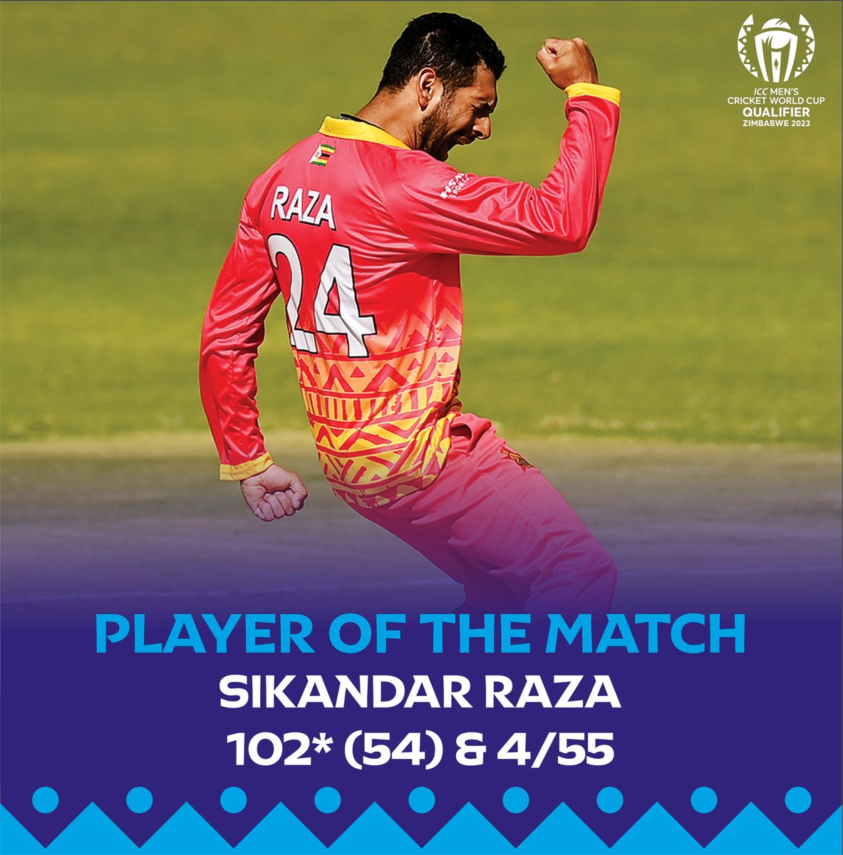*⃣ 4/55 with the ball ☝️
*⃣ 102* off 54 with the bat 🏏 

For his brilliant display in #ZIMvNED,@SRazaB24 is the @aramco Player of the Match 👏 

#CWC23