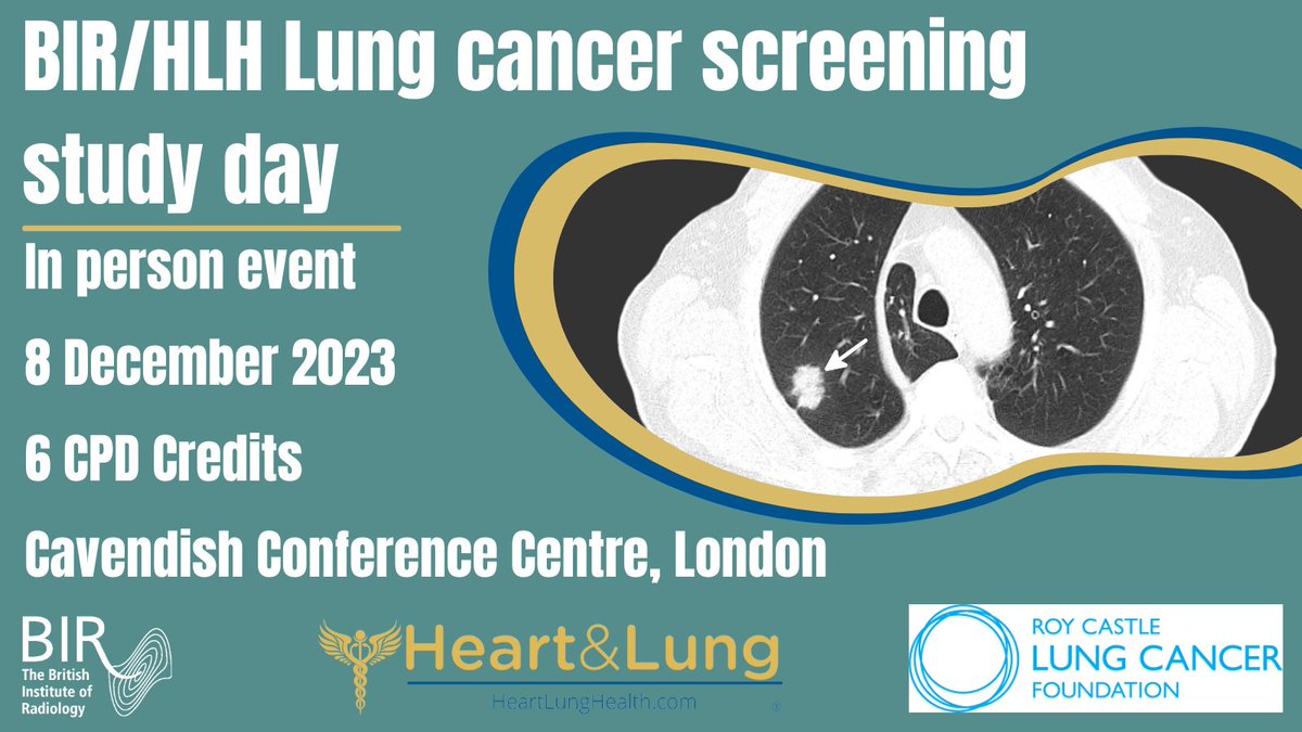 IN PERSON EVENT! You can now register for our BIR/HLH Lung cancer screening study day this December, so join us for a day of insightful talks followed by a drinks reception! Find out more here: bit.ly/LCSSD  @Roy_Castle_Lung #lungcancer #imaging #oncology #radiology