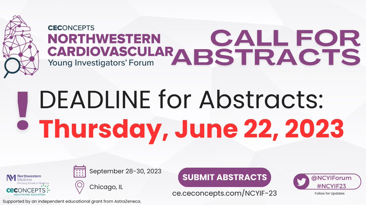 #NCYIF23 ABSTRACT DEADLINE IS 2 DAYS WAY!! Submit your abstracts by June 22 propel your career as a #CardiovascularResearcher ➡️ ce.ceconcepts.com/NCYIF-23 @NUFeinbergMed @HeartDocSadiya @dmljmd #CardioRenal #CardioMetabolic #CardioTwitter #Renal #Metabolic