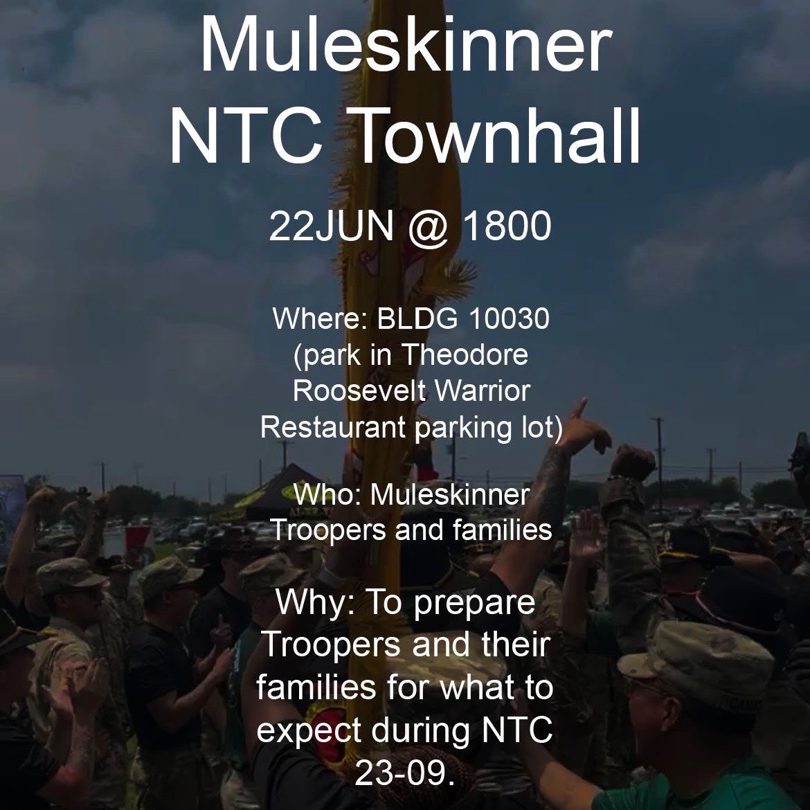 Muleskinner_SCO's tweet image. NTC Townhall to meet our families and help set some expectations. Bring your kiddos! Let us know if you'll be there and send your questions early.  

#supporttheline