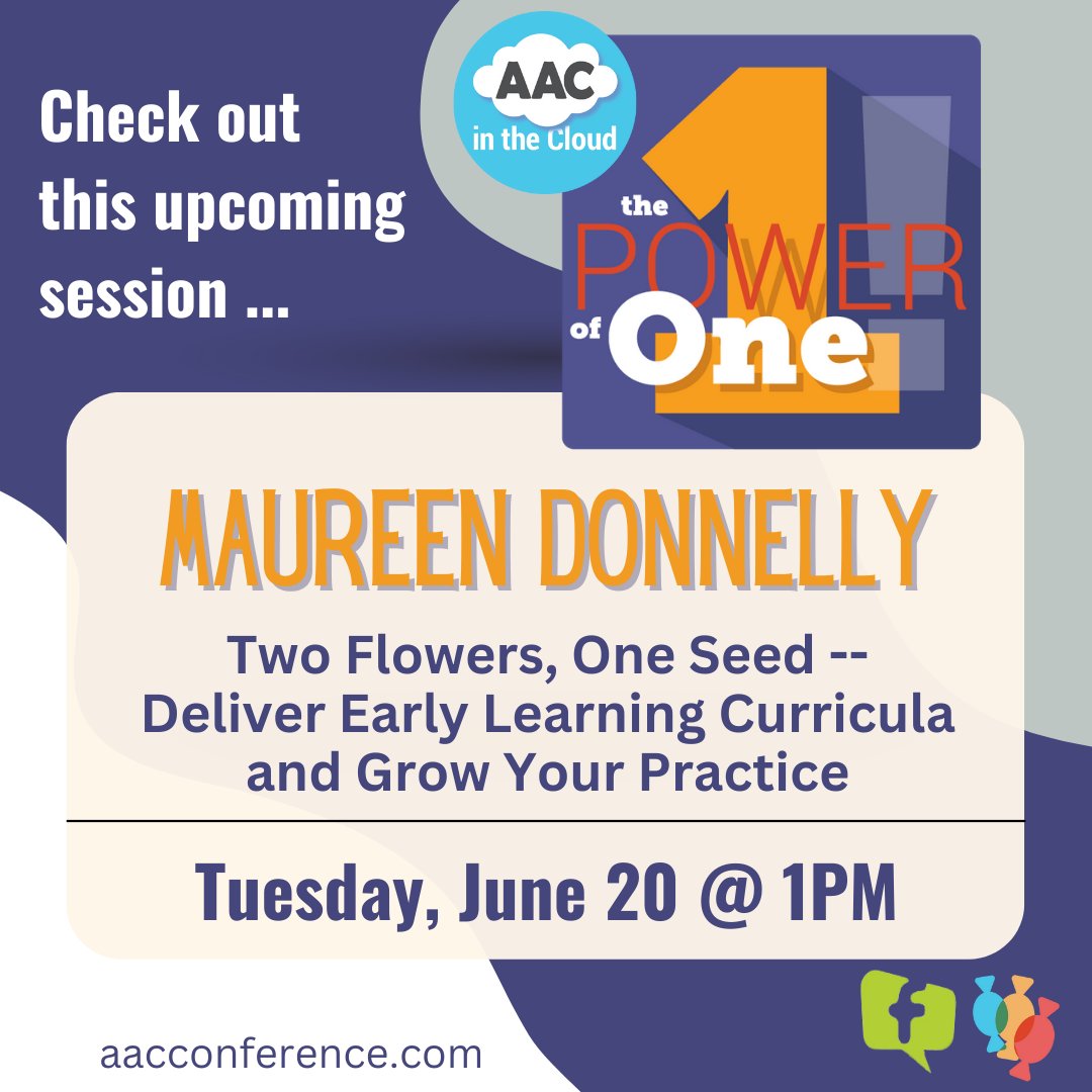 Today, at the #AACInTheCloud conference hosted by @CoughDropAAC , Maureen Donnelly, M.Ed, will share how to find and deliver quality early-learning core curricula at a 1 p.m EDT presentation.

Registration: ow.ly/5IN450OSTxB
Presentation info: ow.ly/uNKy50OSTxA