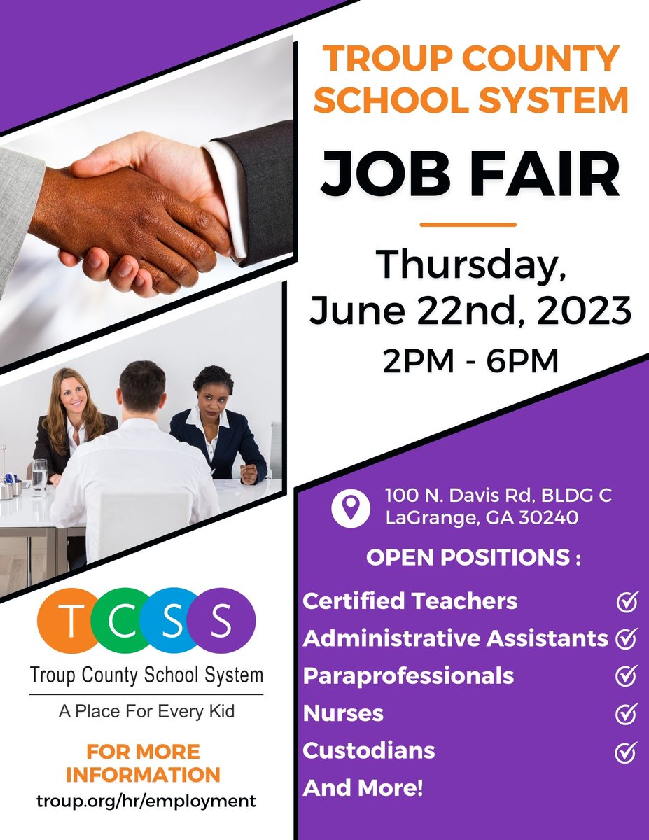 Troup County School System is #hiring. Join us at our job fair this Thursday and make a difference in the lives of our students.
#aplaceforeverykid #tcss